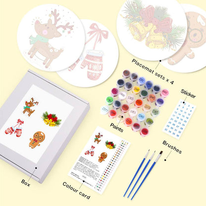 Cozy Mittens and Reindeer paint by numbers placemat set – what's in the kit: 4 round canvas boards, numbered paints, brushes, color card and box