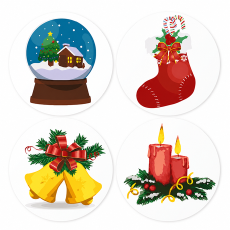 Snow Globe and Red Candles paint by numbers placemat set – Cartoon Christmas: a snow globe with tree and cabin, a red stocking with candy canes, golden bells, red candles