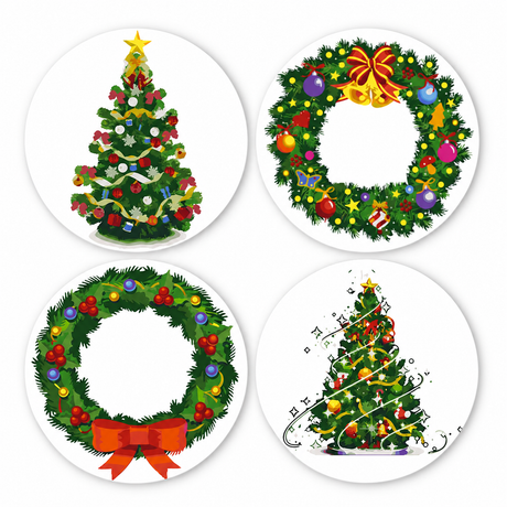 Evergreen Wreaths and Trees paint by numbers placemat set – Two decorated Christmas trees with stars and two ornament-trimmed evergreen wreaths with red bows
