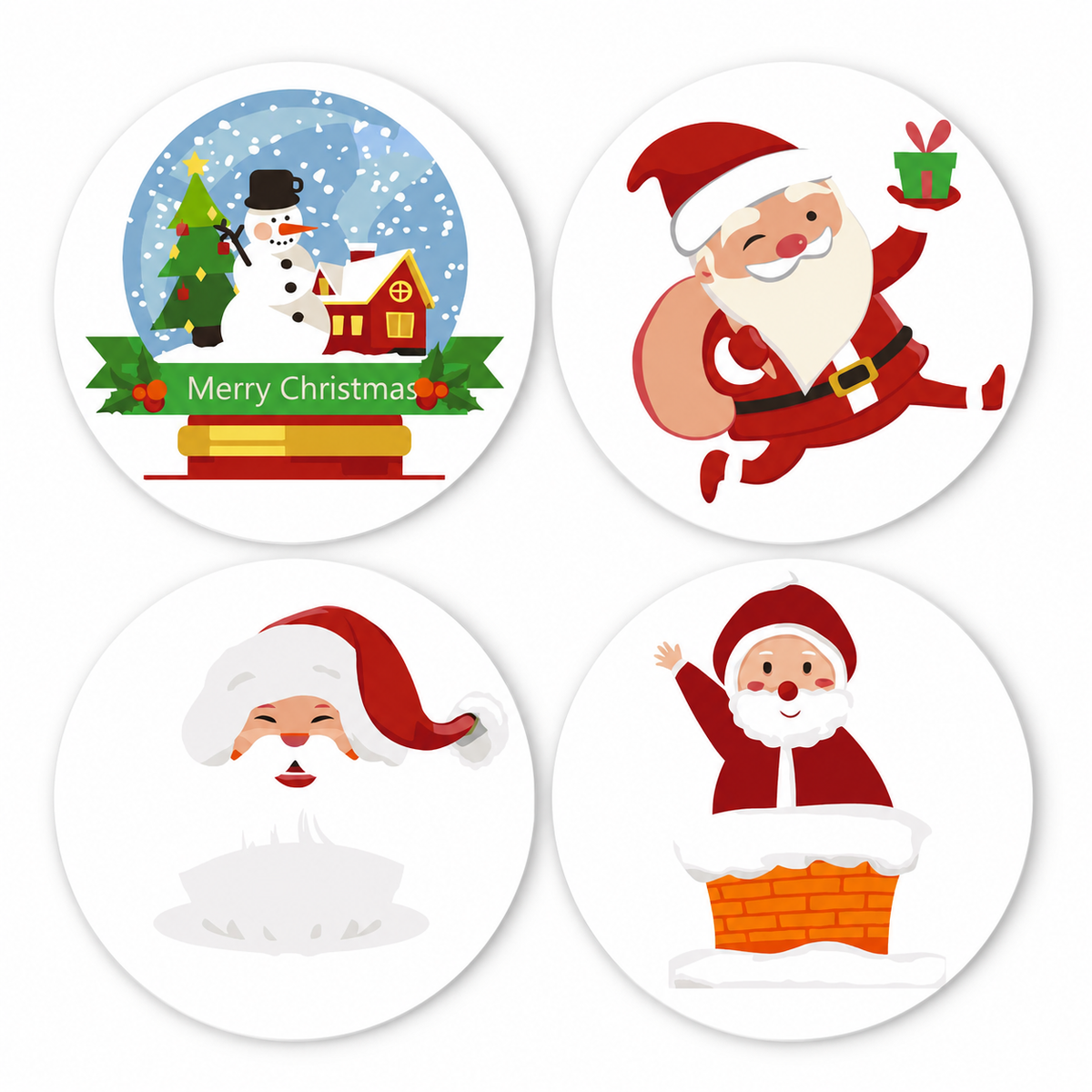 Jolly Santa and Snowman Globe paint by numbers placemat set – Cartoon Santa running with his sack, Santa's face, Santa waving from a chimney, and a snowman snow globe