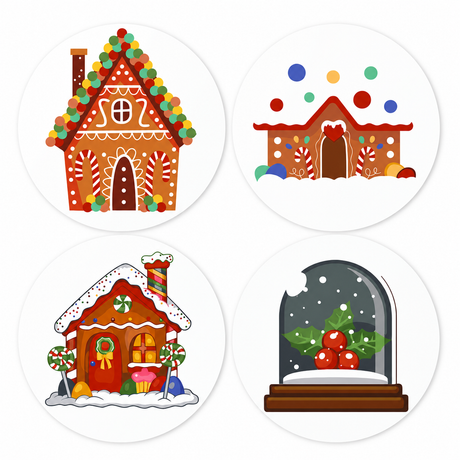 Candy-Trimmed Gingerbread Houses paint by numbers placemat set – Three candy-trimmed gingerbread houses and a glass dome holding red holly berries in falling snow