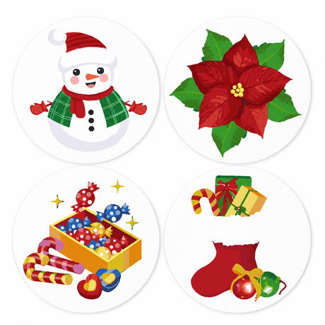 Plaid Snowman and Poinsettia paint by numbers placemat set – Cartoon snowman in Santa hat and plaid scarf, a red poinsettia, a box of sweets with candy canes, a stocking