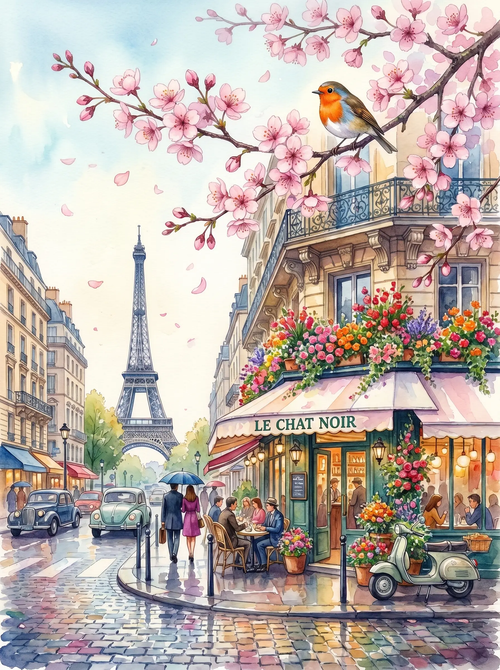 Paris Cafe Blossom Bird (Diamond Painting)