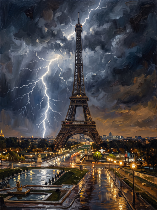 Paris Eiffel Stormy Night Lightning