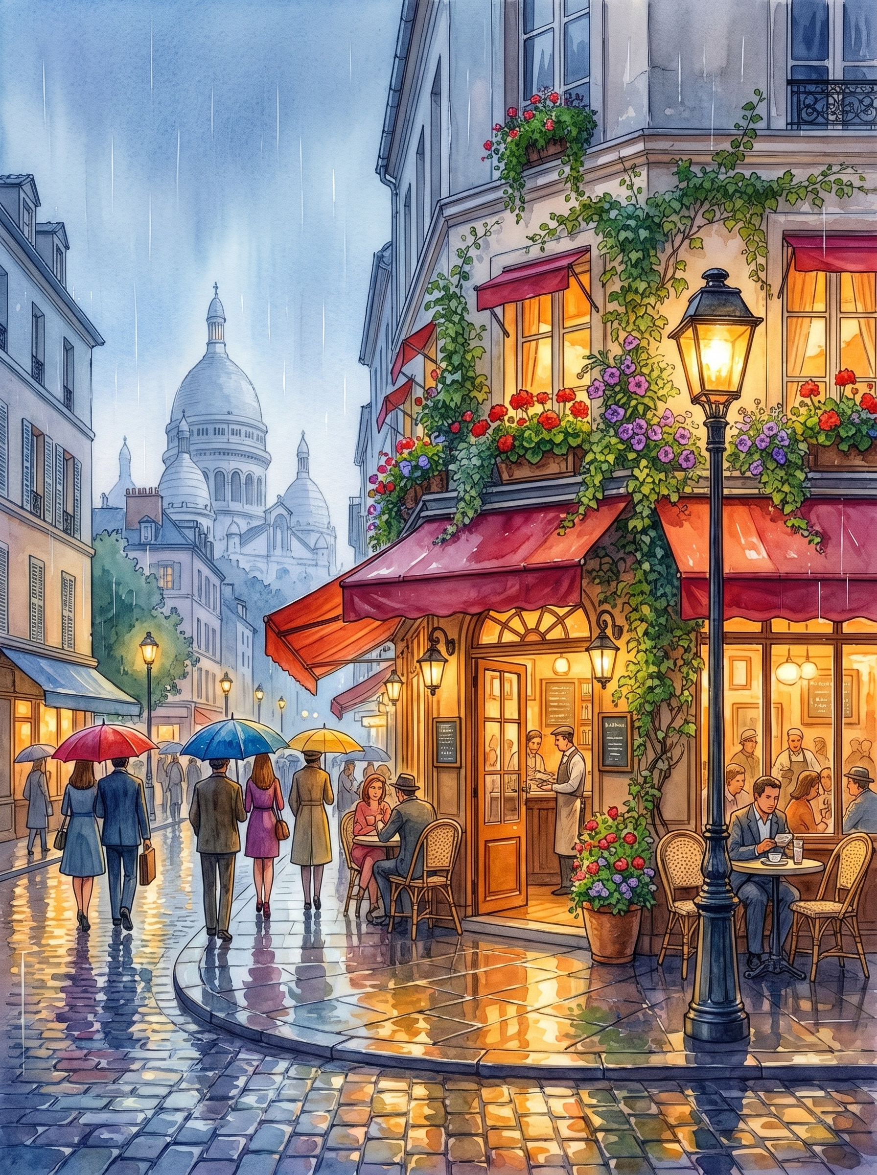 Rainy Montmartre Corner Café, Paris
