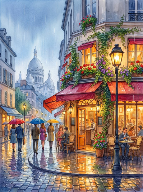 Rainy Montmartre Corner Café, Paris