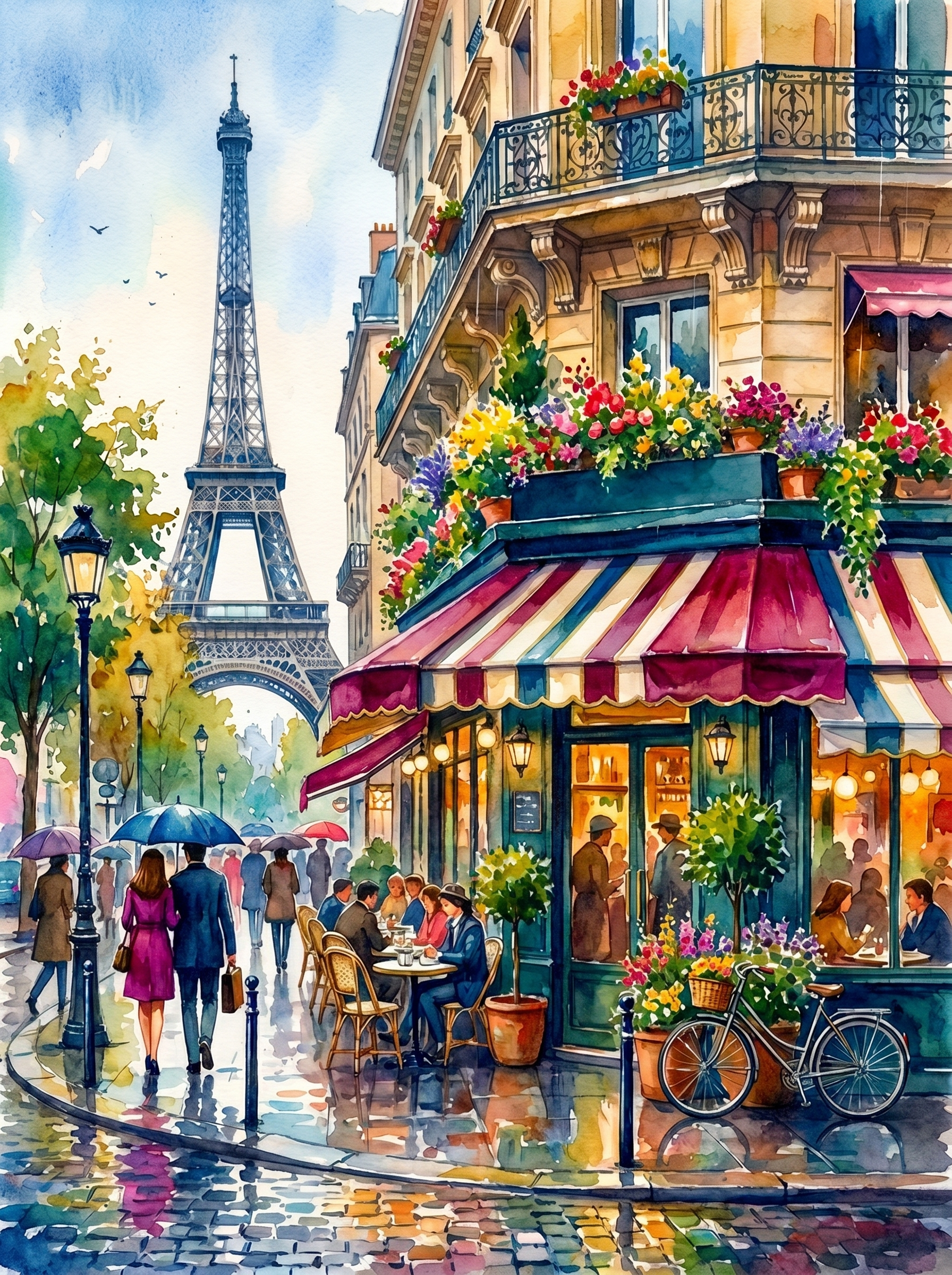 Paris Rainy Cafe Eiffel Watercolor (150 Color Diamond Painting)