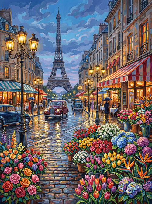 Paris Street Eiffel Tower Rain (100 Color Diamond Painting)