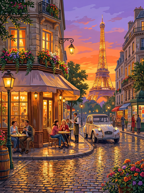 Paris Sunset Cafe Corner (150 Color Diamond Painting)