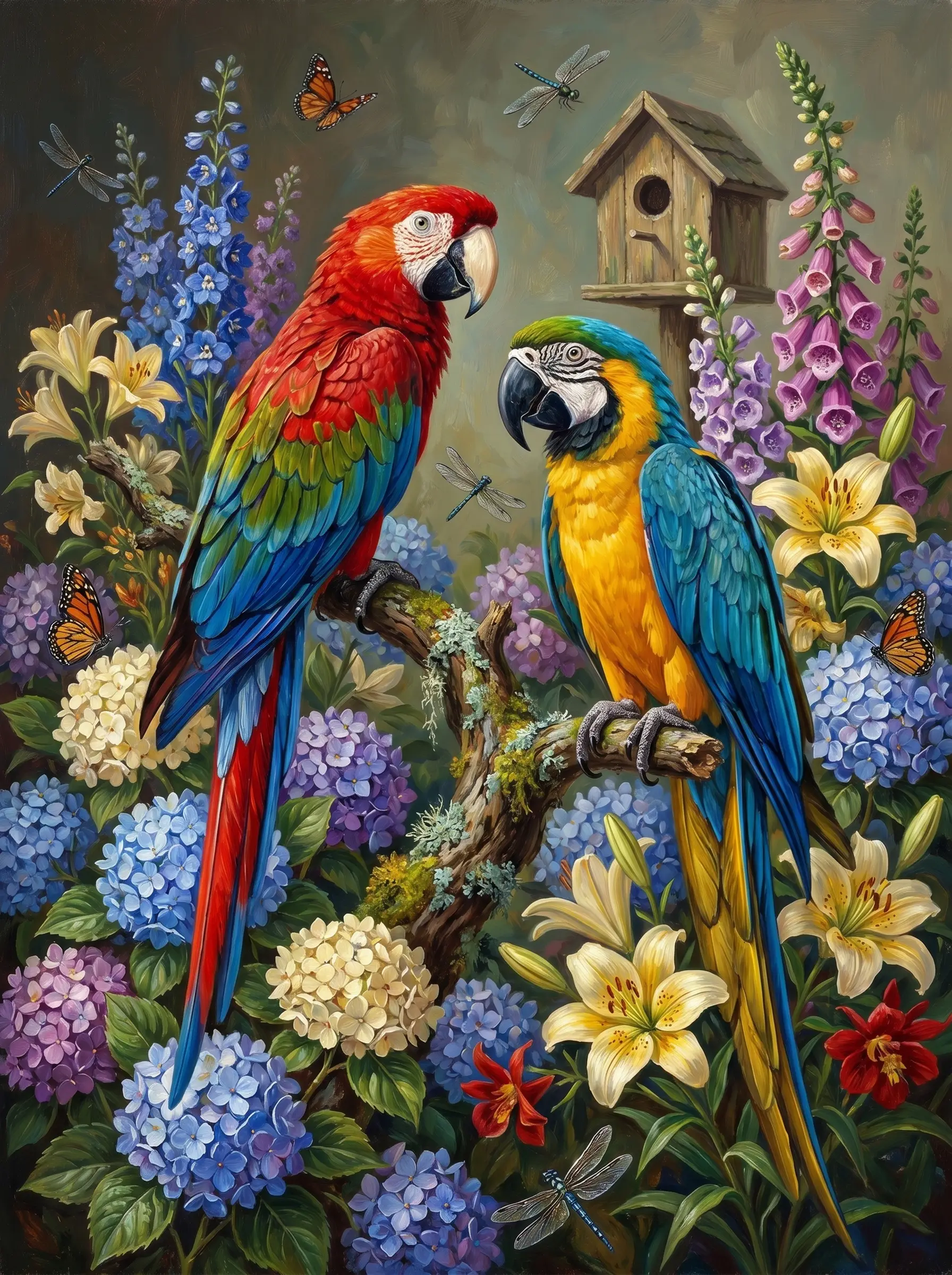 Parrots Hydrangea Lily Garden (Diamond Painting)