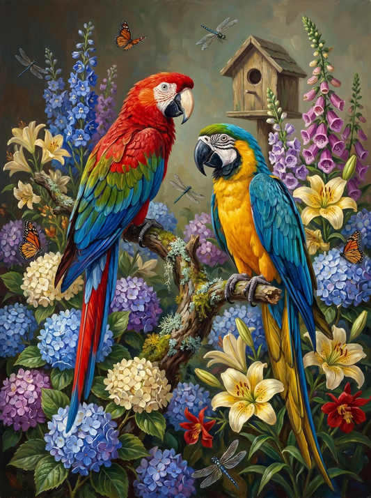 Parrots Hydrangea Lily Garden (Diamond Painting)