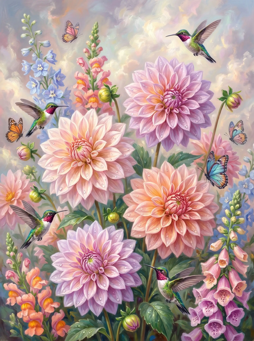 Pastel Dahlia Cluster (Diamond Painting)