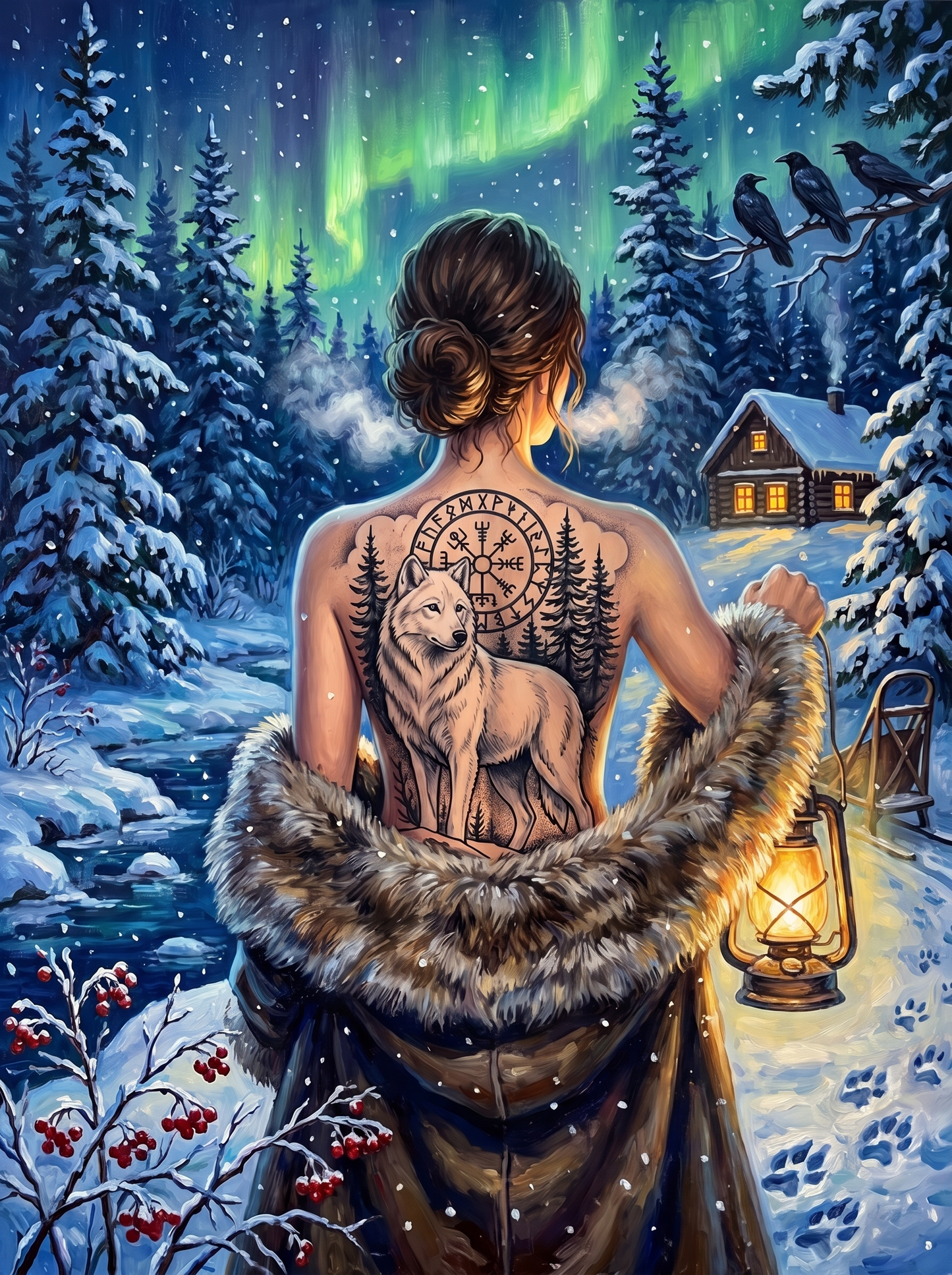 Wolf Tattoo Under Northern Lights