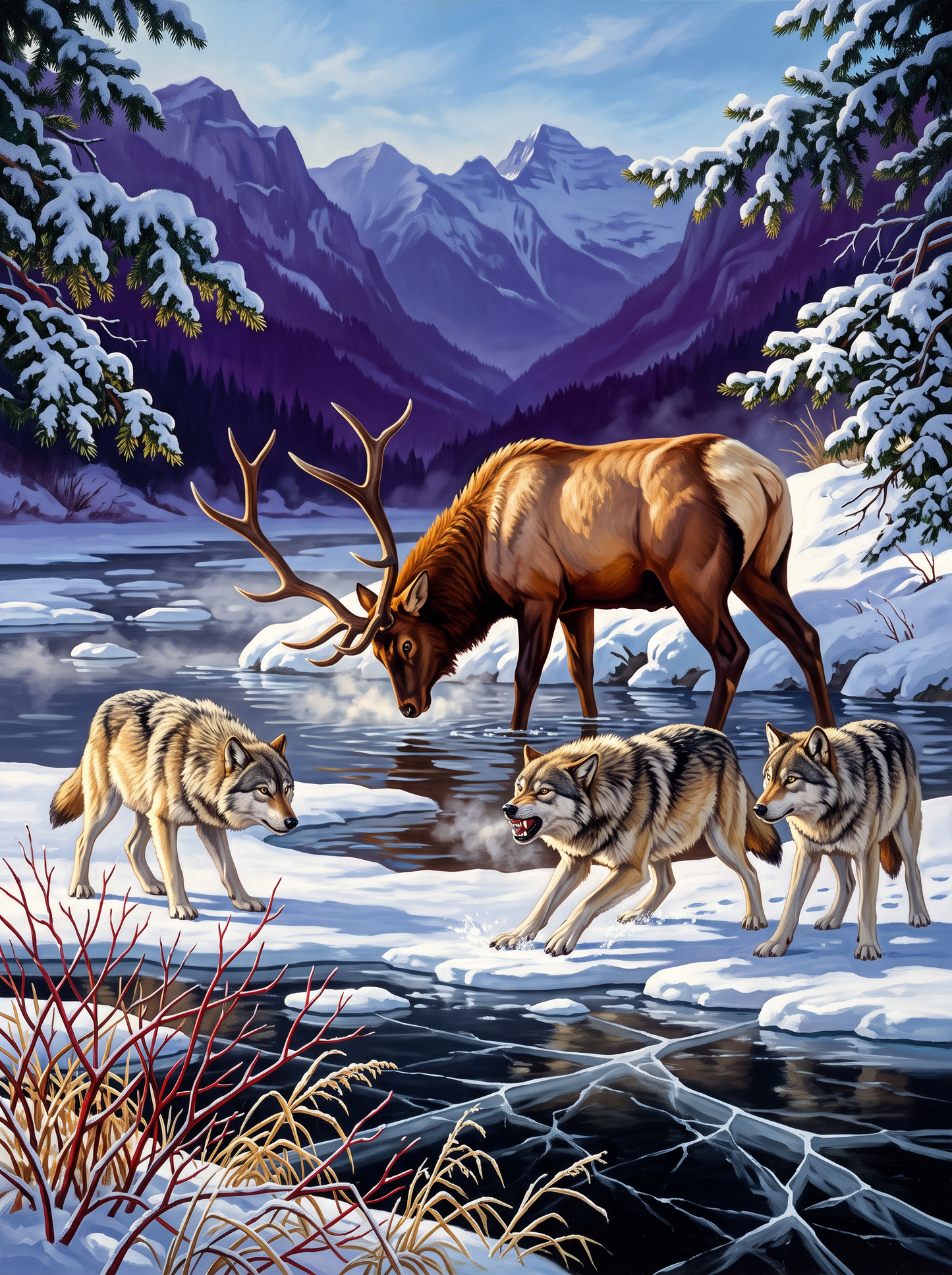 Three Wolves Test One Bull Elk