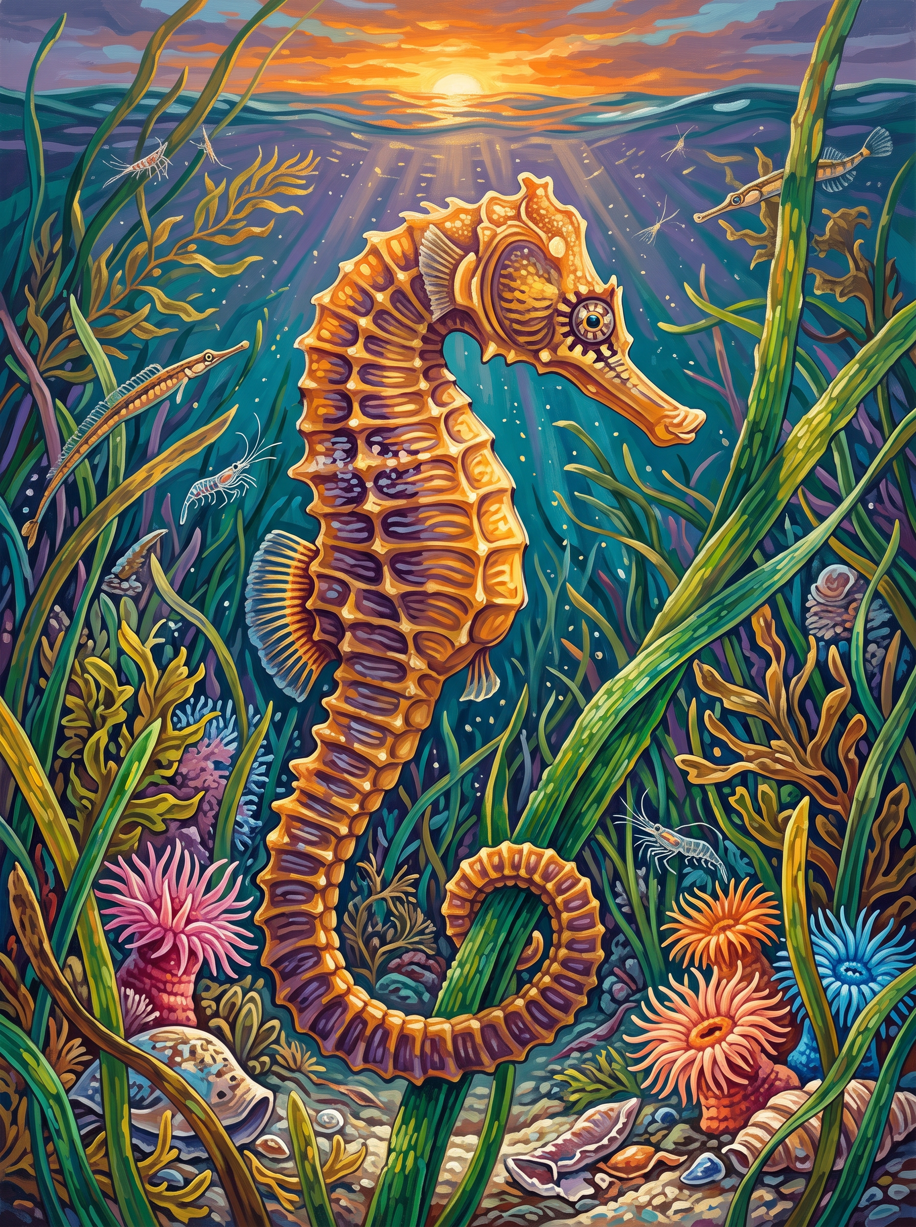 Seahorse Curled In Seagrass