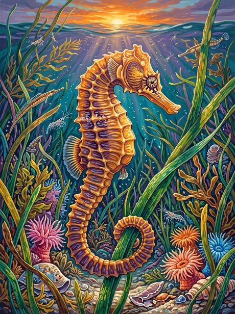 Seahorse Curled In Seagrass