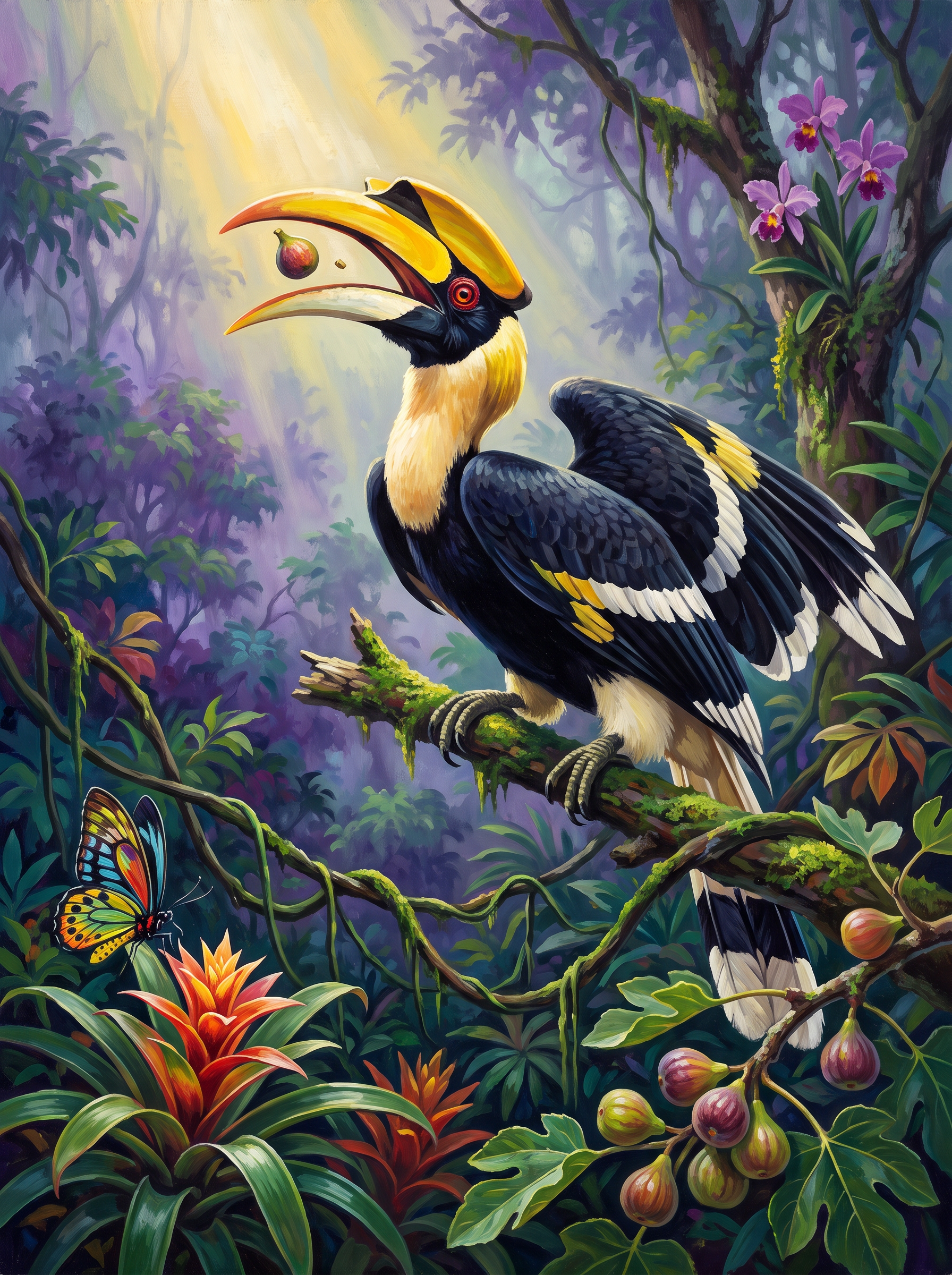 Great Hornbill Catches The Fig