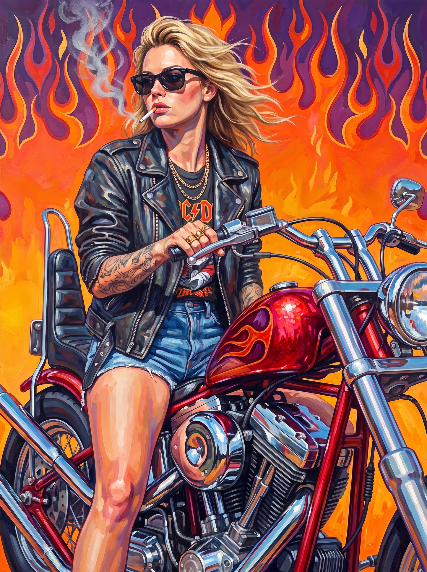 Flames Behind Her Chopper