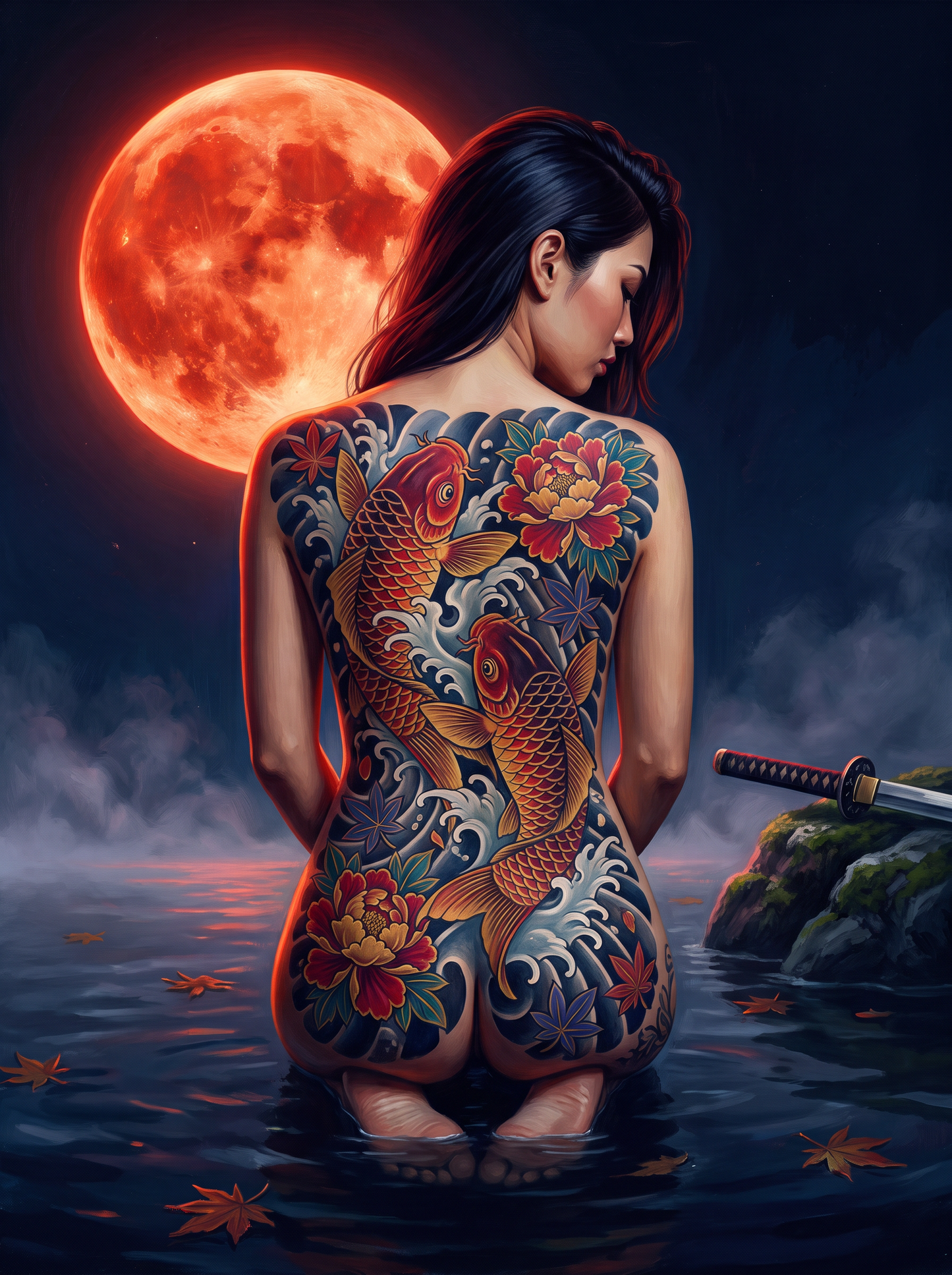 Koi And A Red Moon