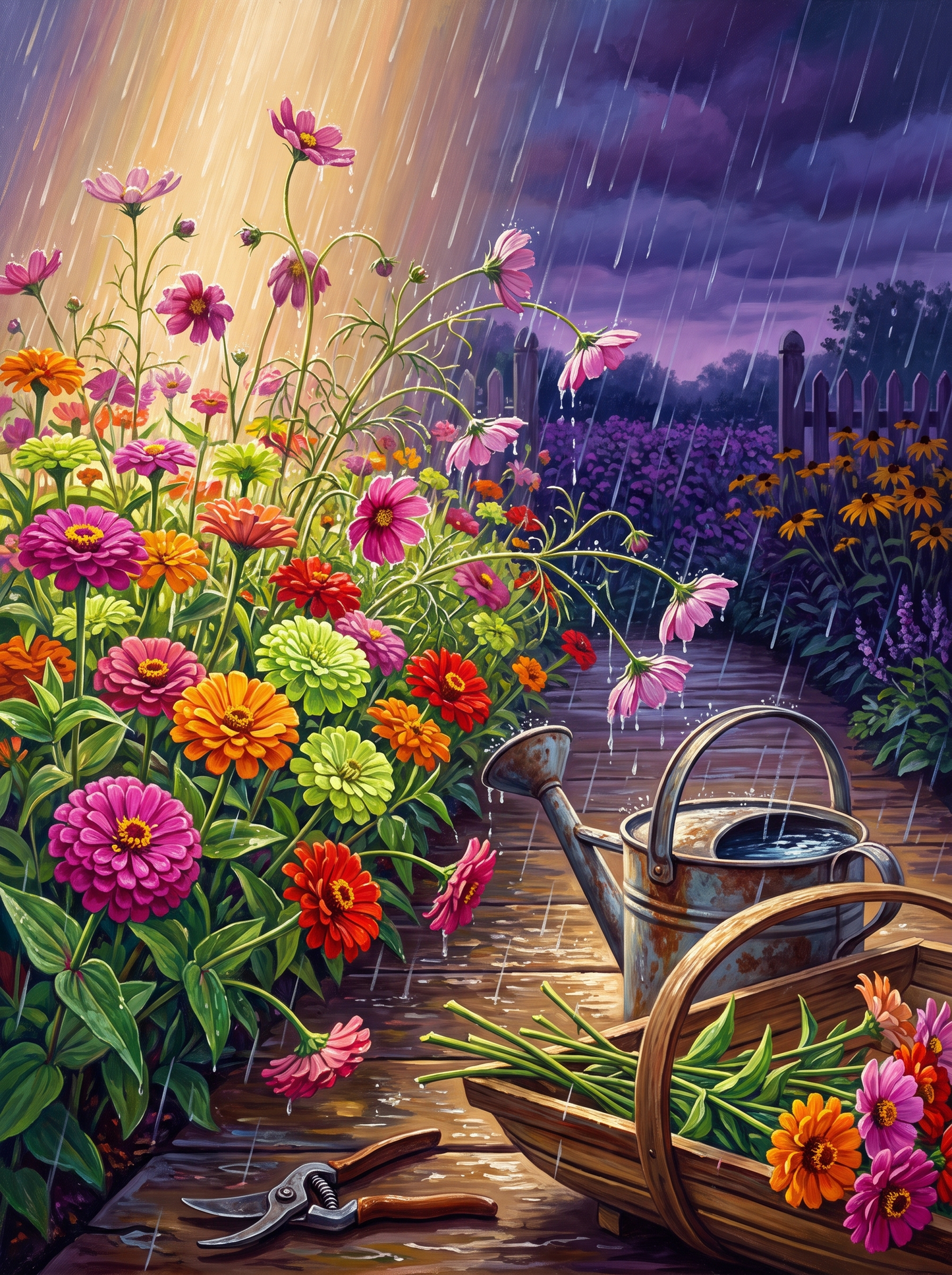 Zinnias In A Downpour