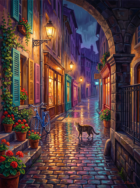 Tabby On Wet Old Town Cobbles