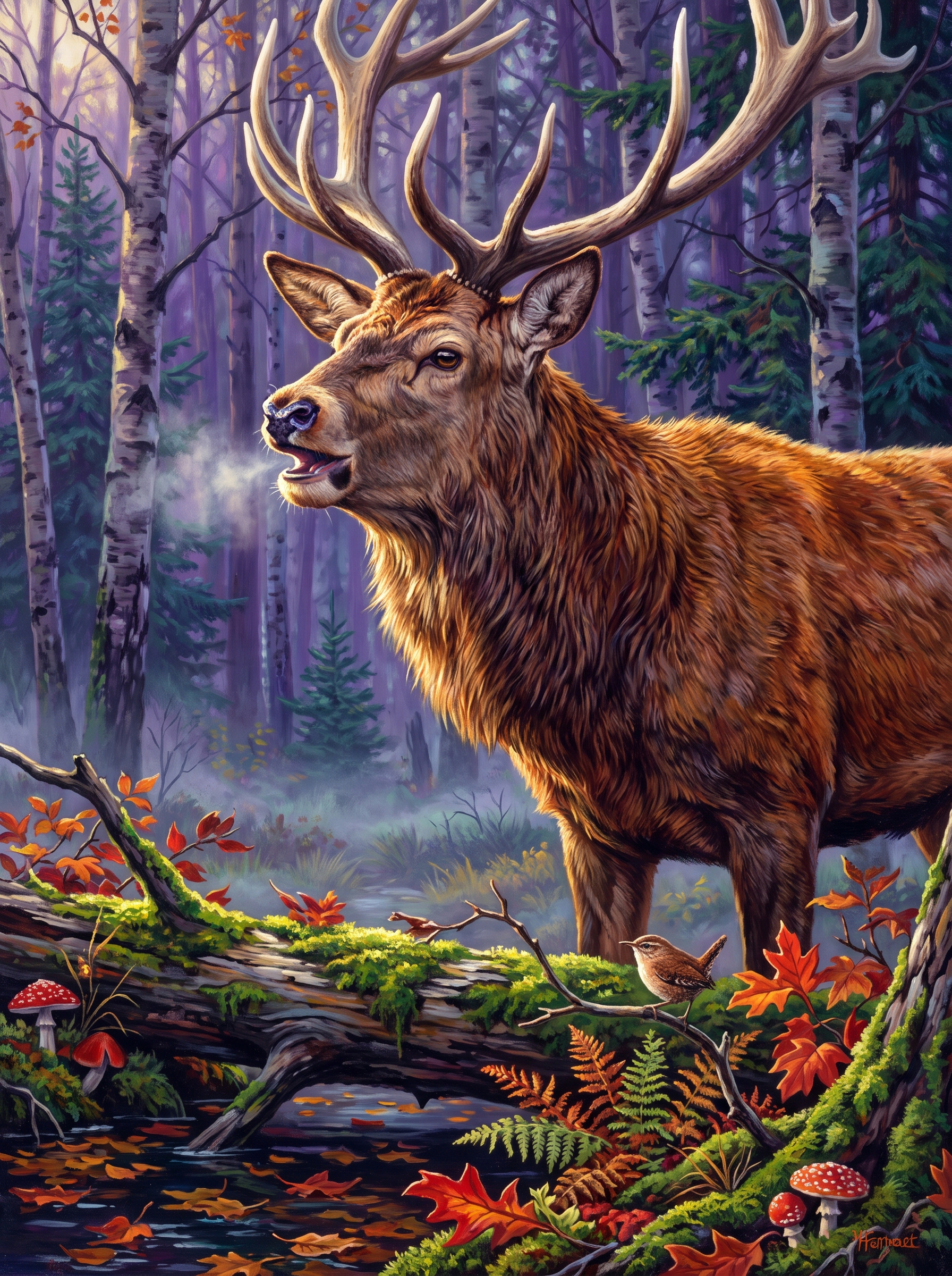 Red Deer Stag In The Birches