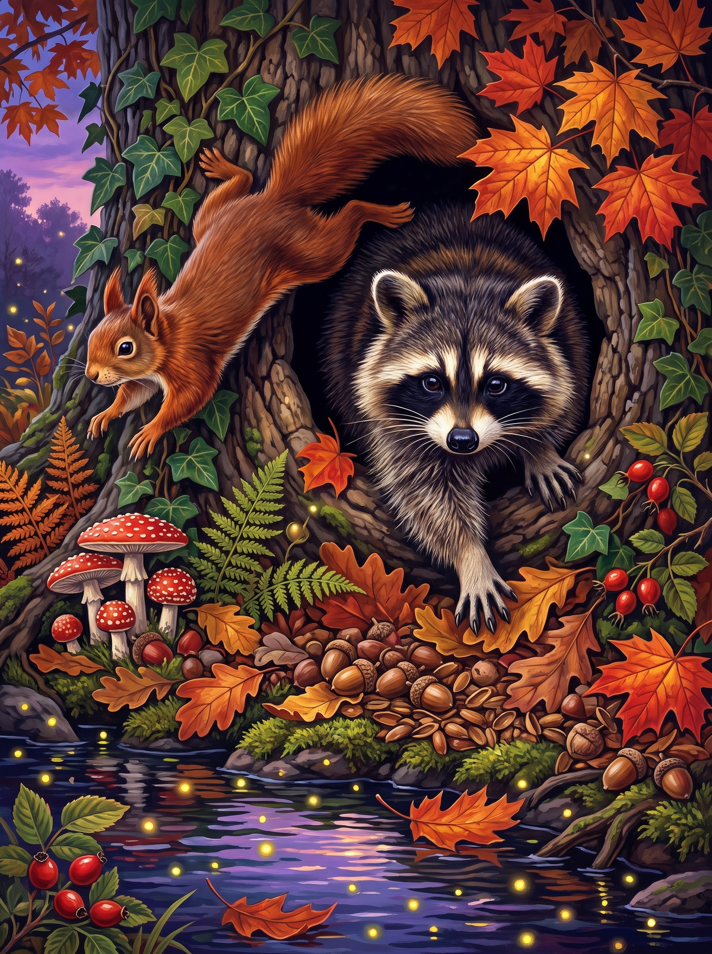 Red Squirrel Meets Raccoon