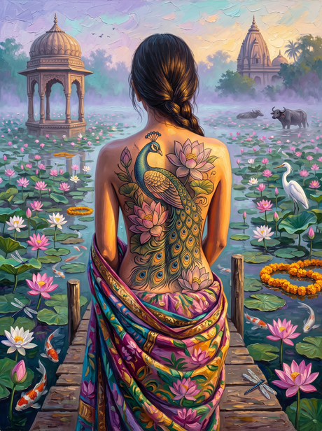 Peacock Over Indian Lotus