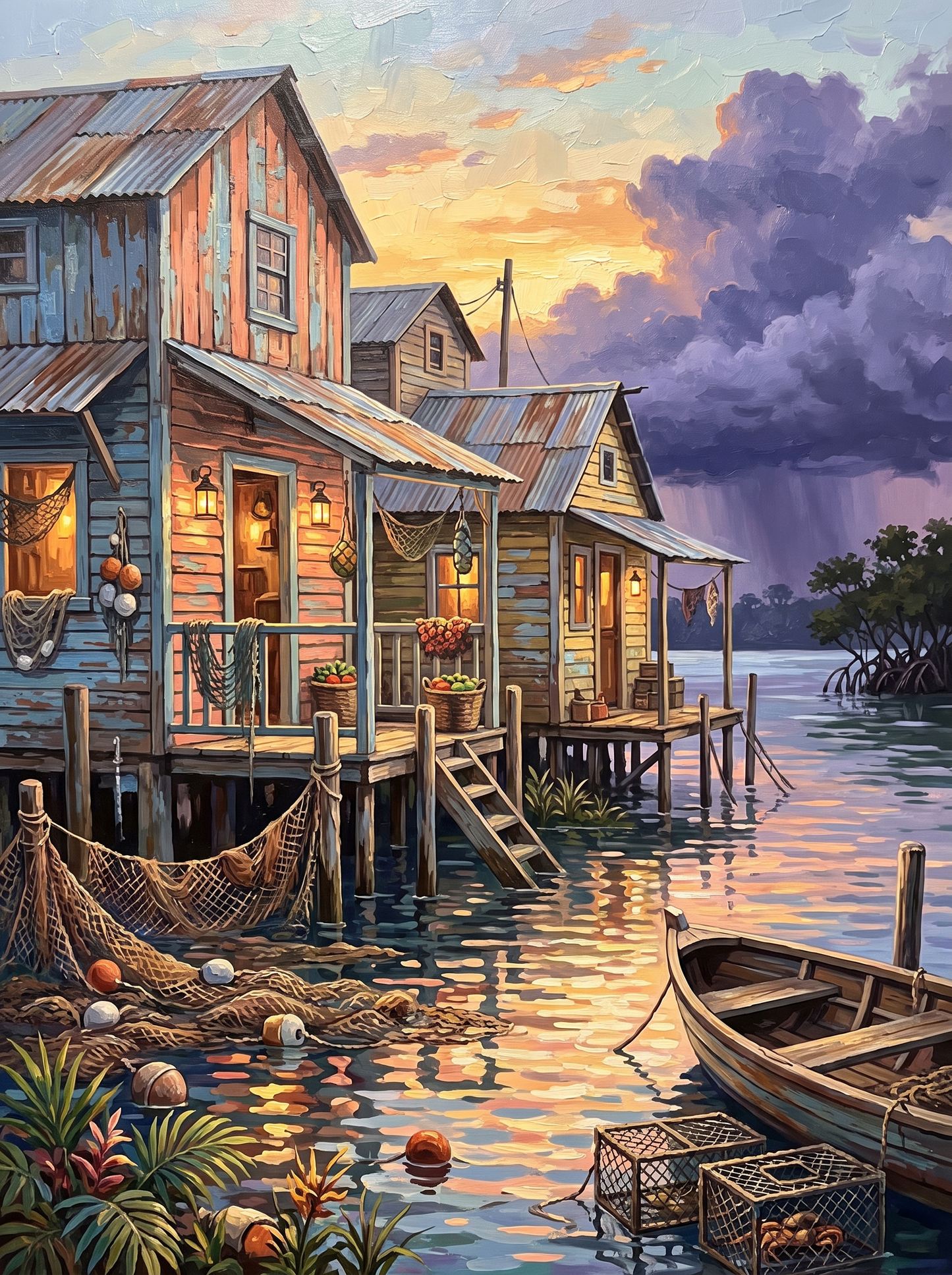 Stilt Fishing Village At Dusk