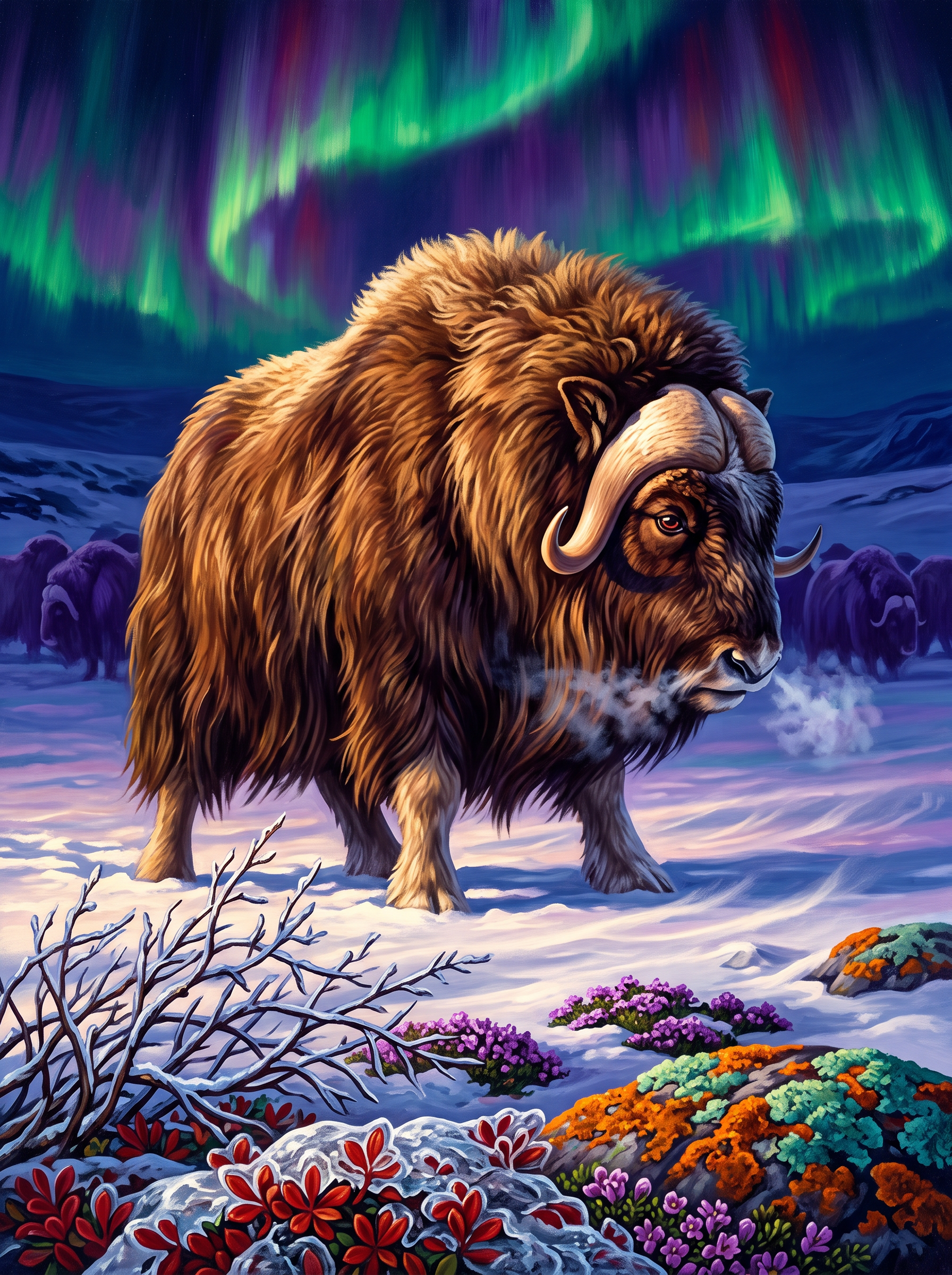 Musk Ox Under A Green Sky