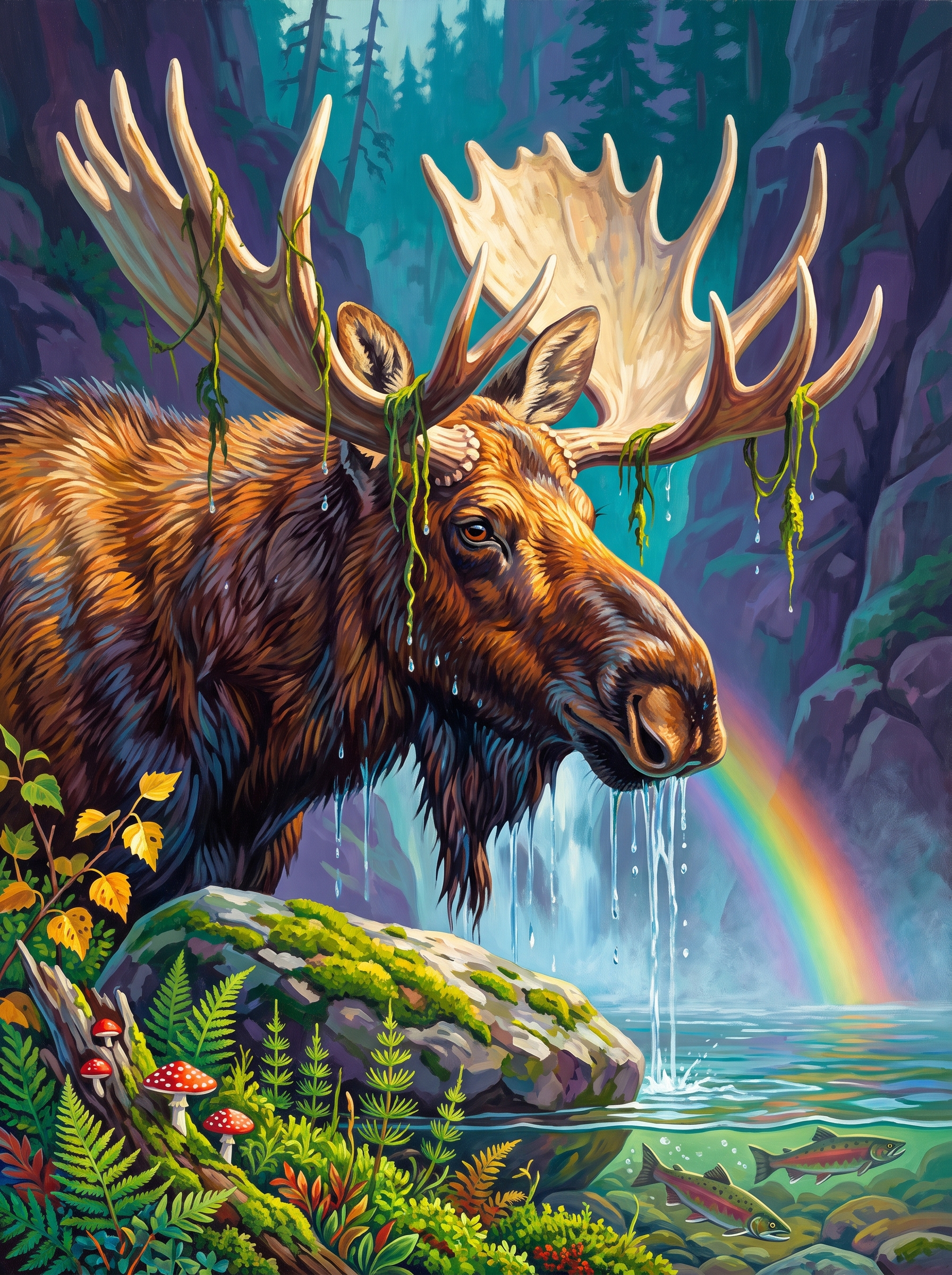 Moose Wading Through The Spray