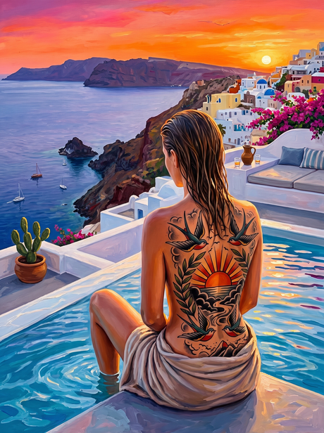 Swallows Over The Santorini Pool