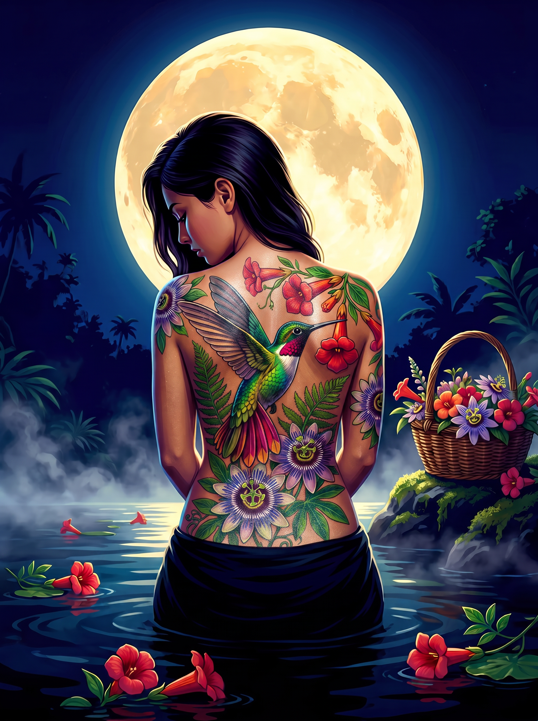 Hummingbird Under Full Moon
