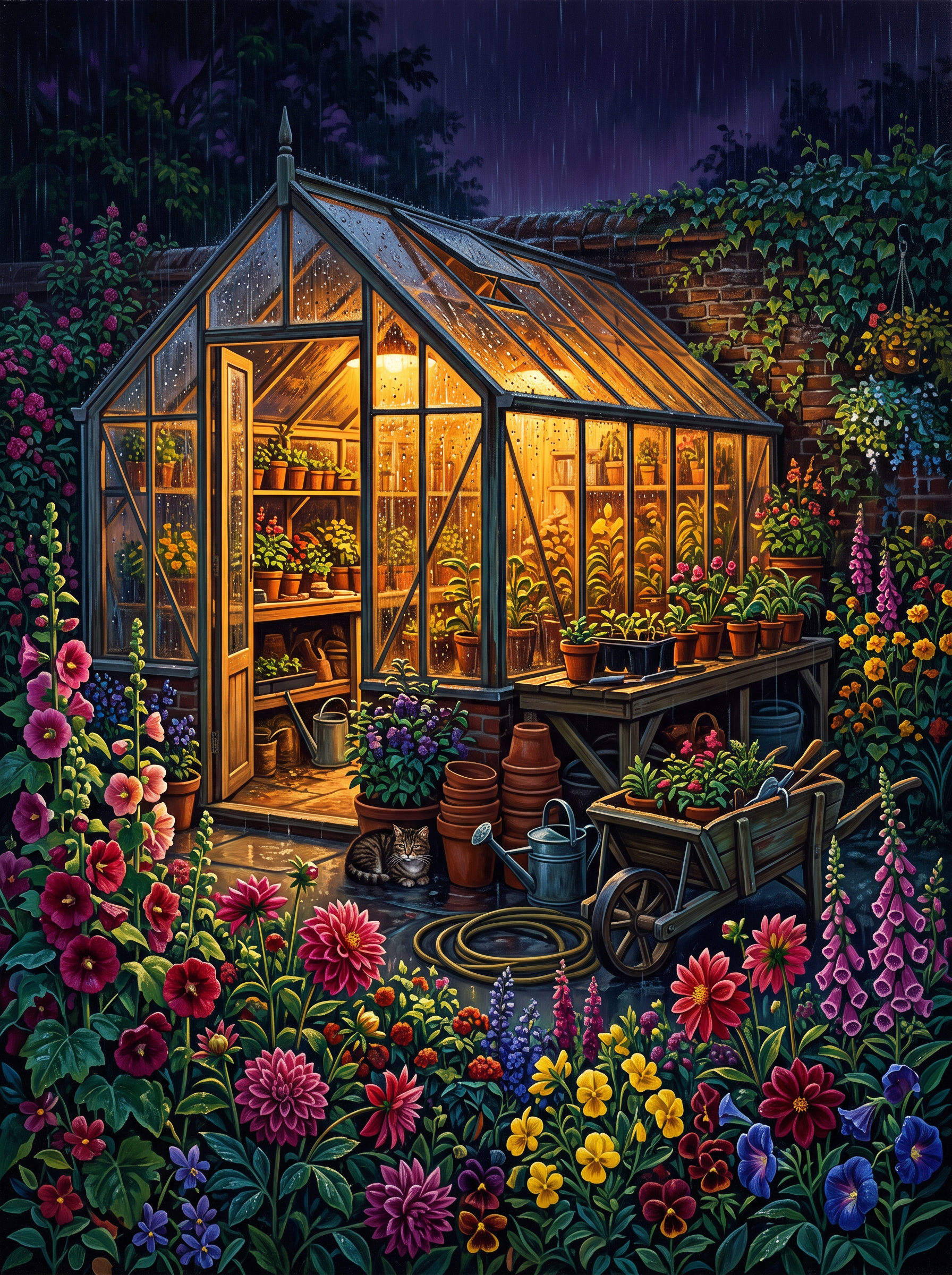 Wet Dahlias In The Greenhouse Glow