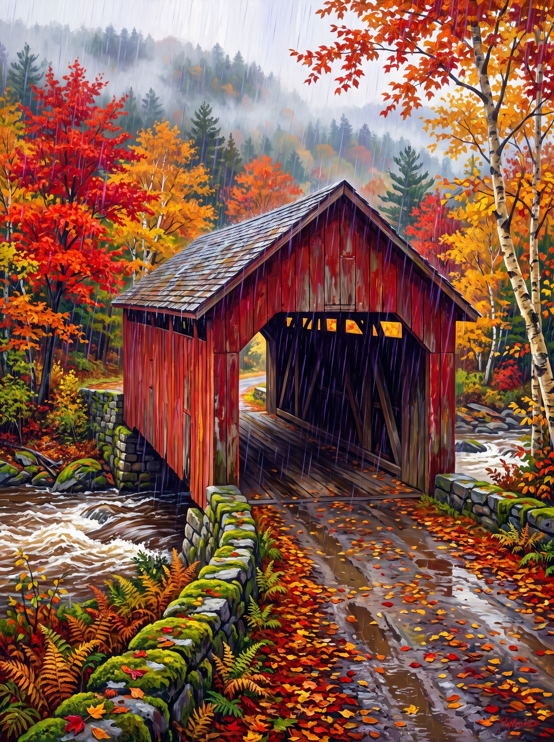 New England Bridge In Rain