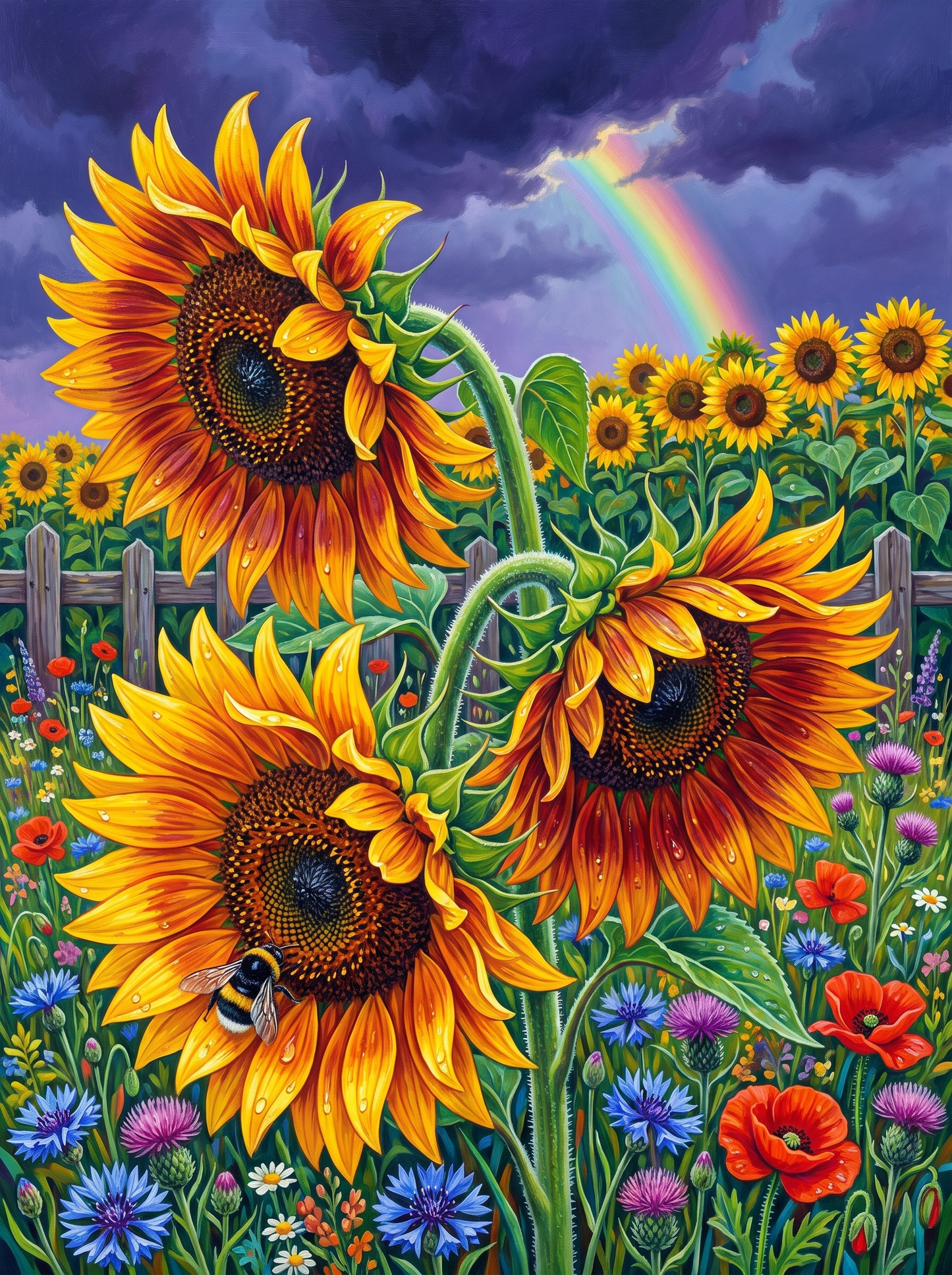 Sunflowers Under A Late Rainbow