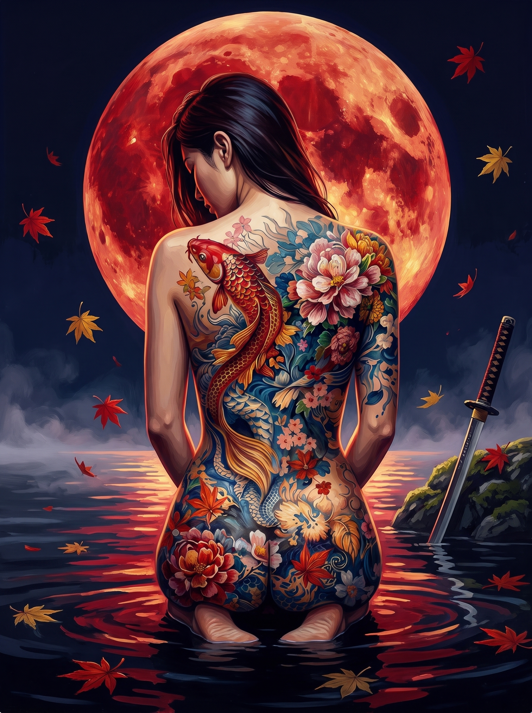 Red Moon Rises Behind The Koi