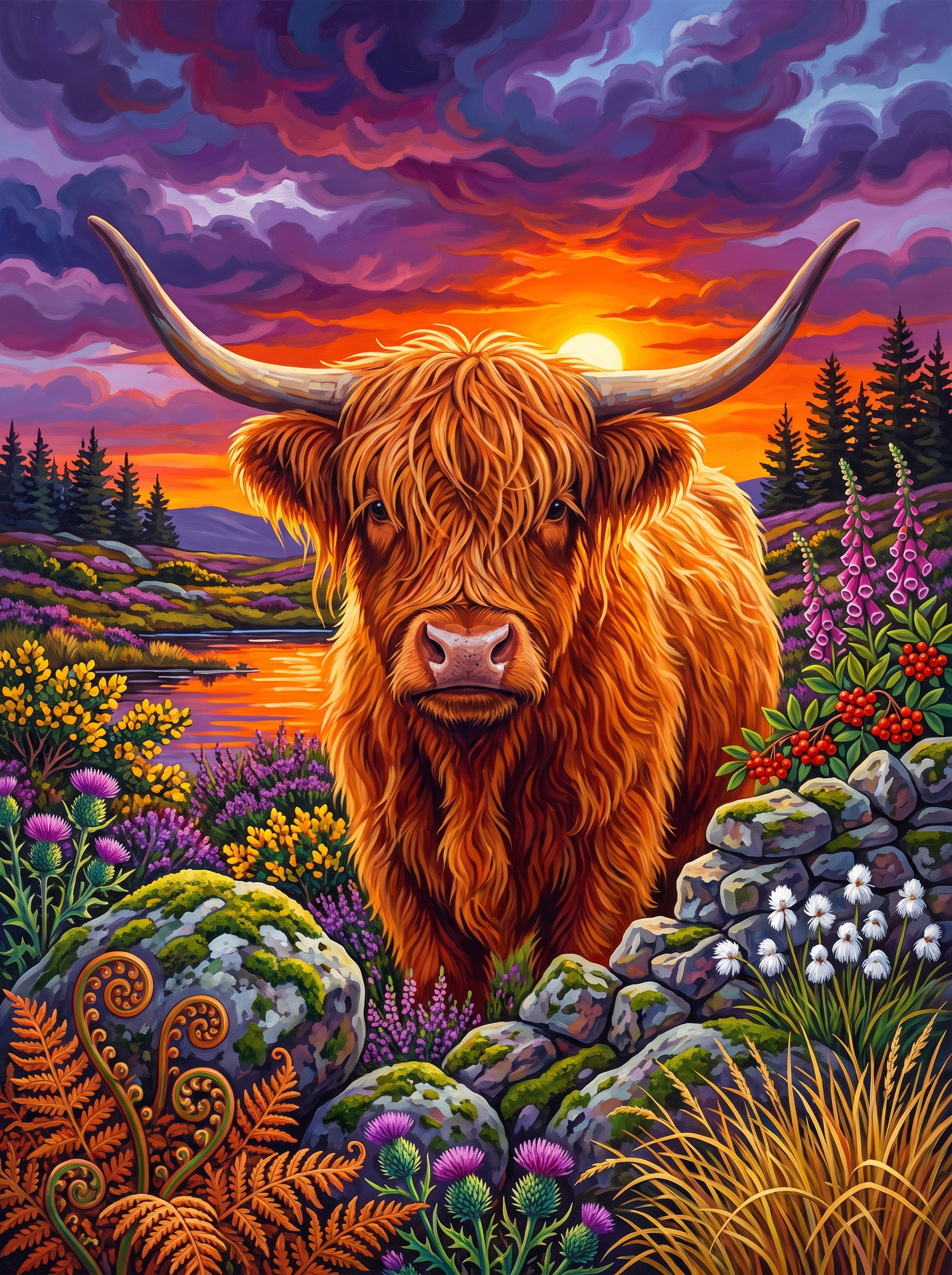 Highland Cow Under a Burning Sky