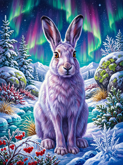 Mountain Hare Under the Northern Lights