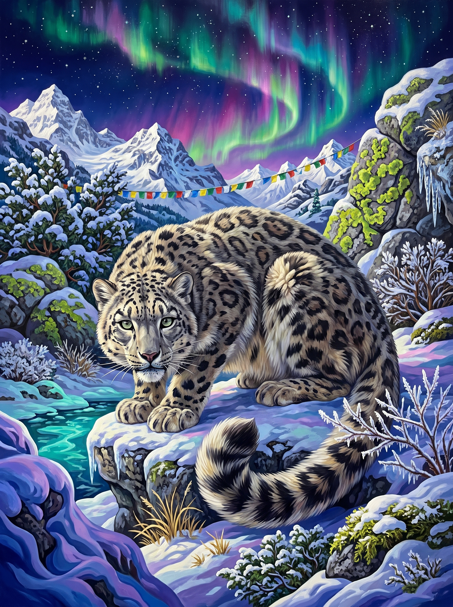 Snow Leopard Under the Aurora