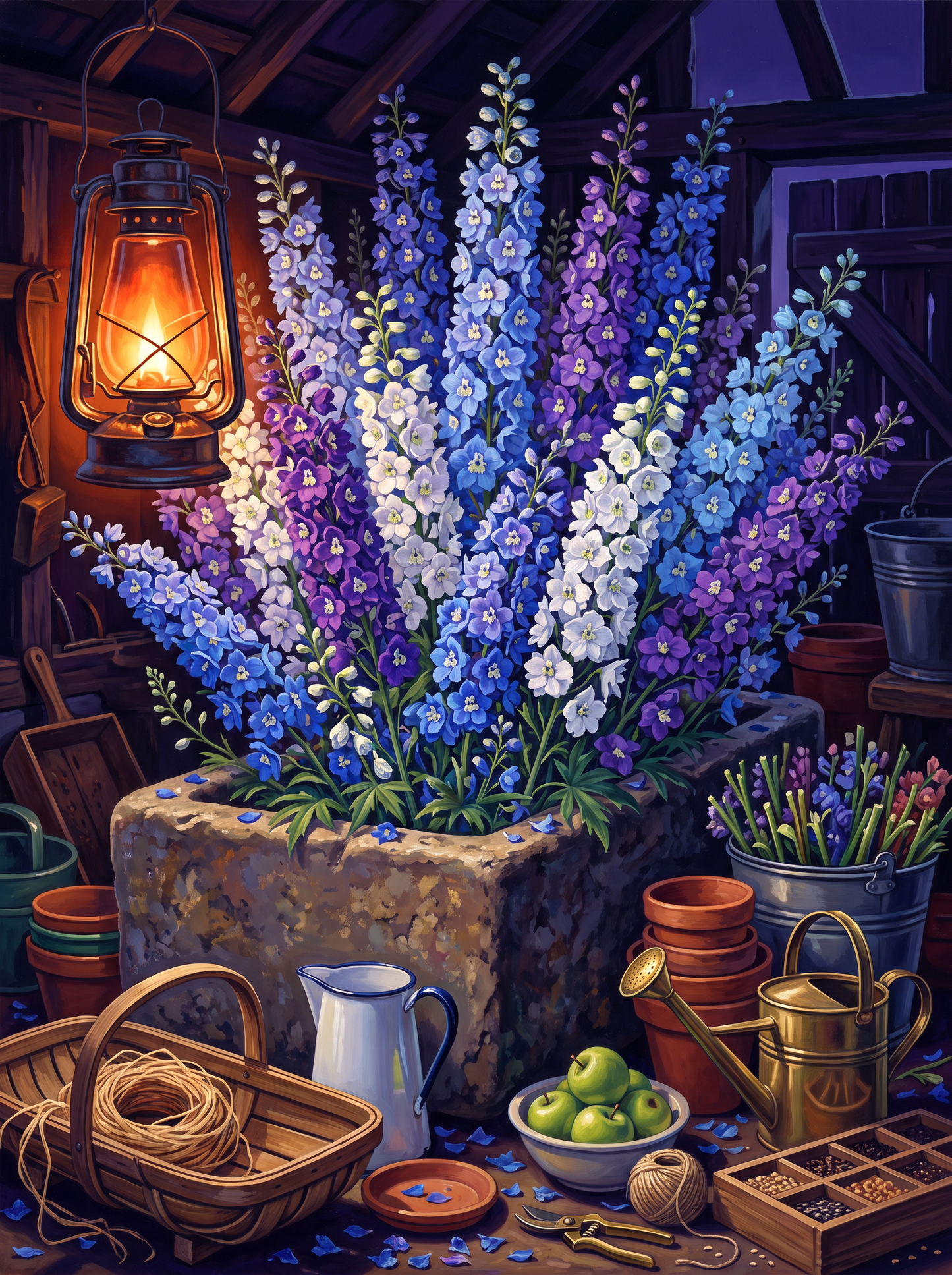 Delphiniums and the Hanging Lantern