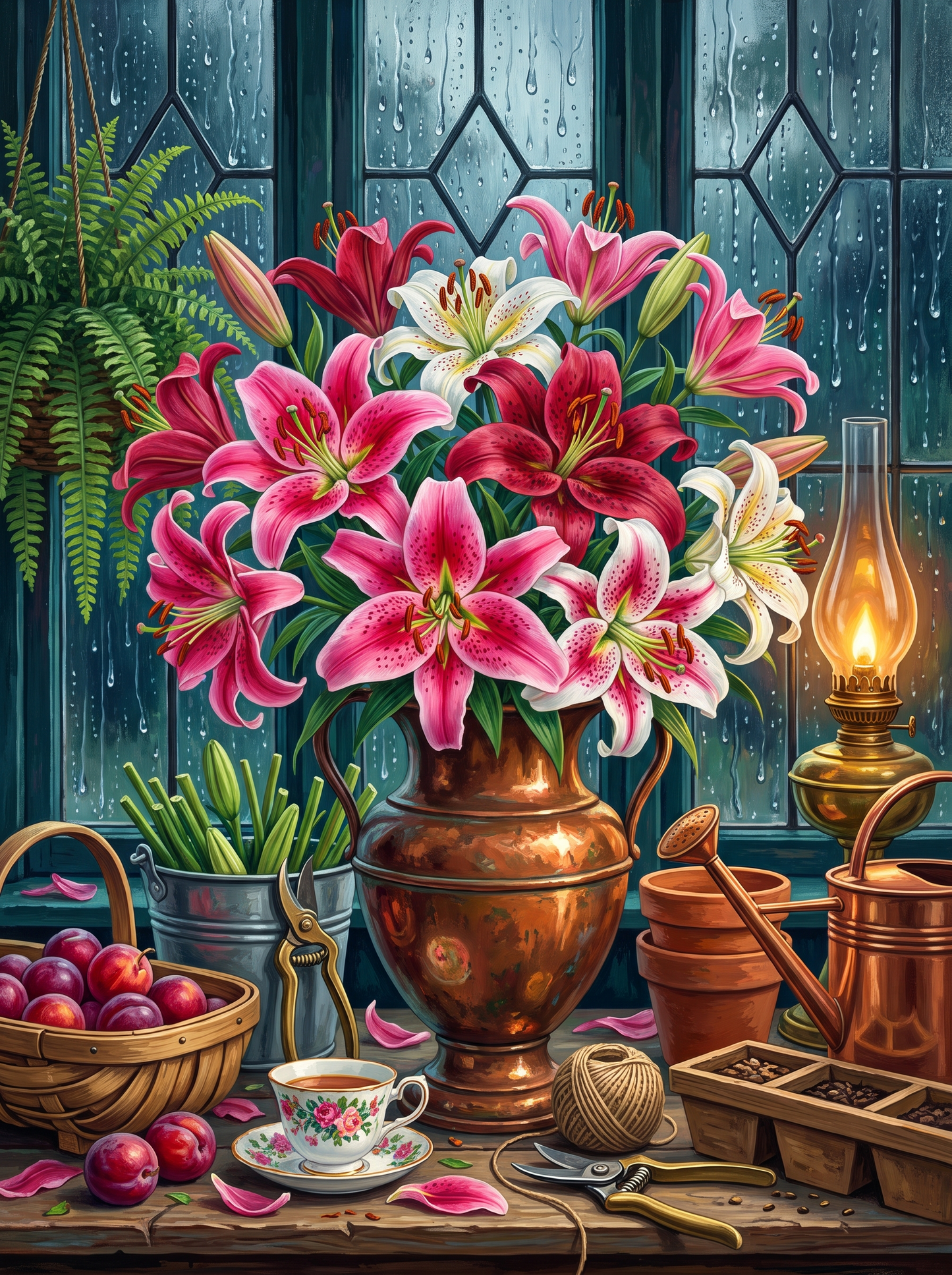 Lilies Behind Rainy Glass
