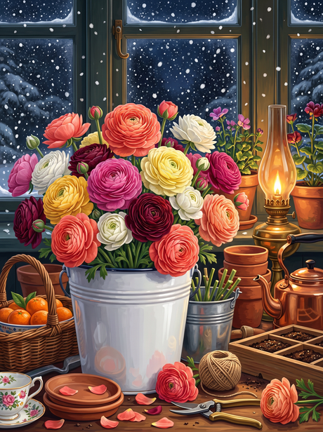 Ranunculus and Falling Snow