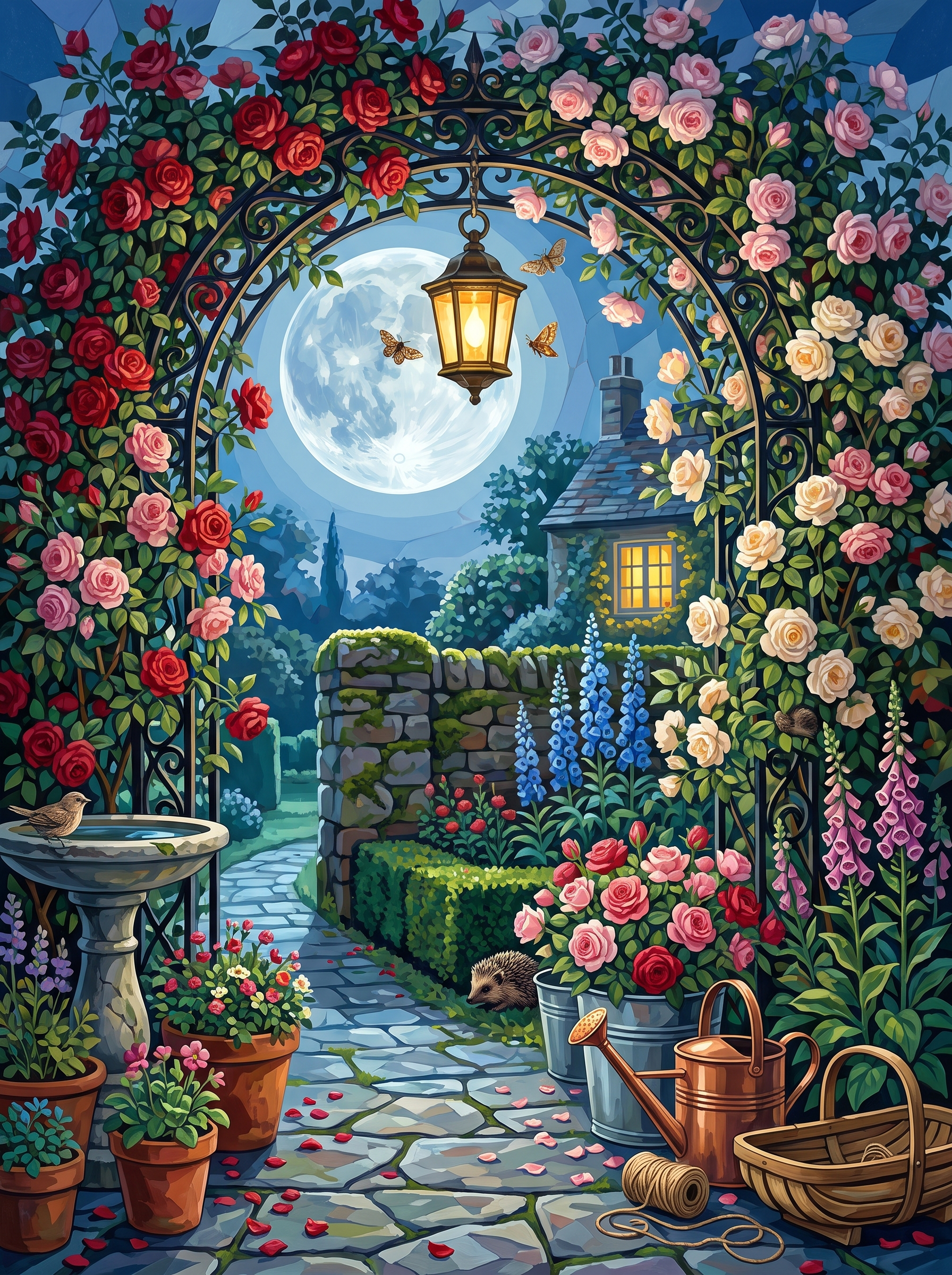 Moonlit Roses at the Gate
