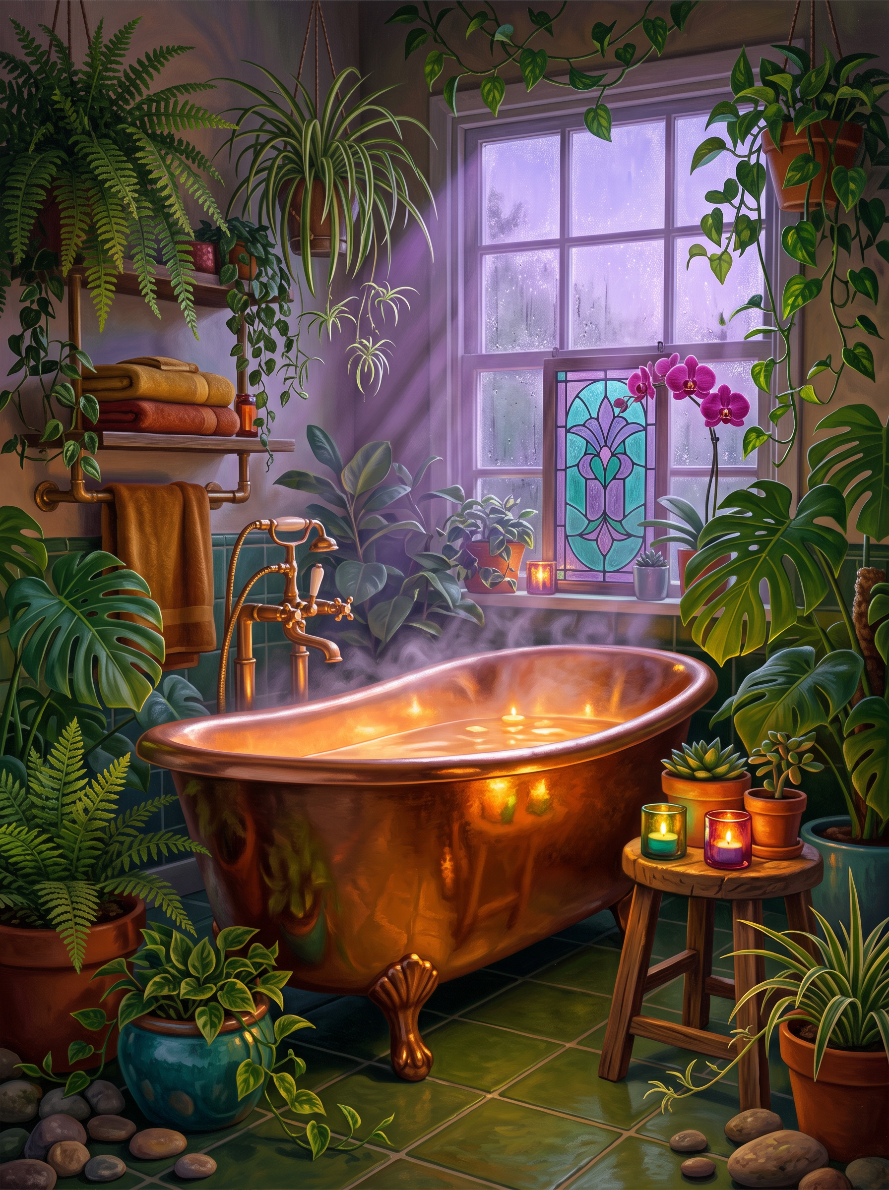 Ferns and Steam in the Bathroom