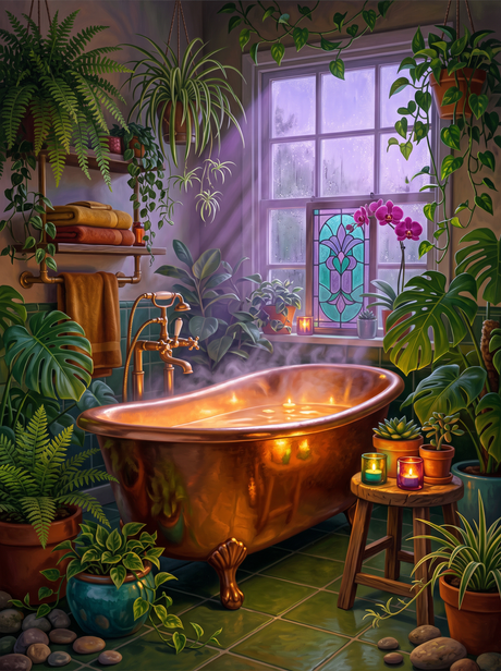 Ferns and Steam in the Bathroom
