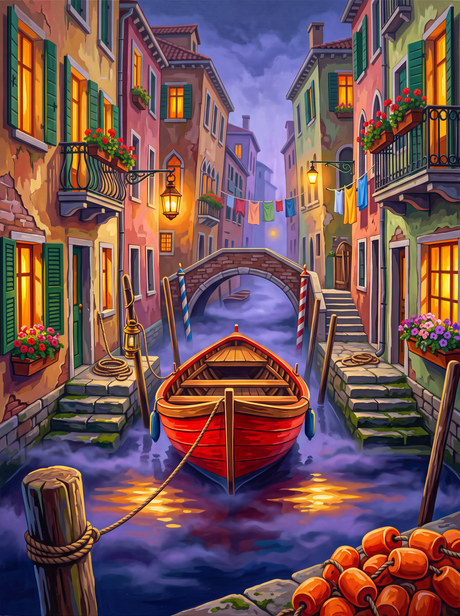 Red Boat on a Misty Canal