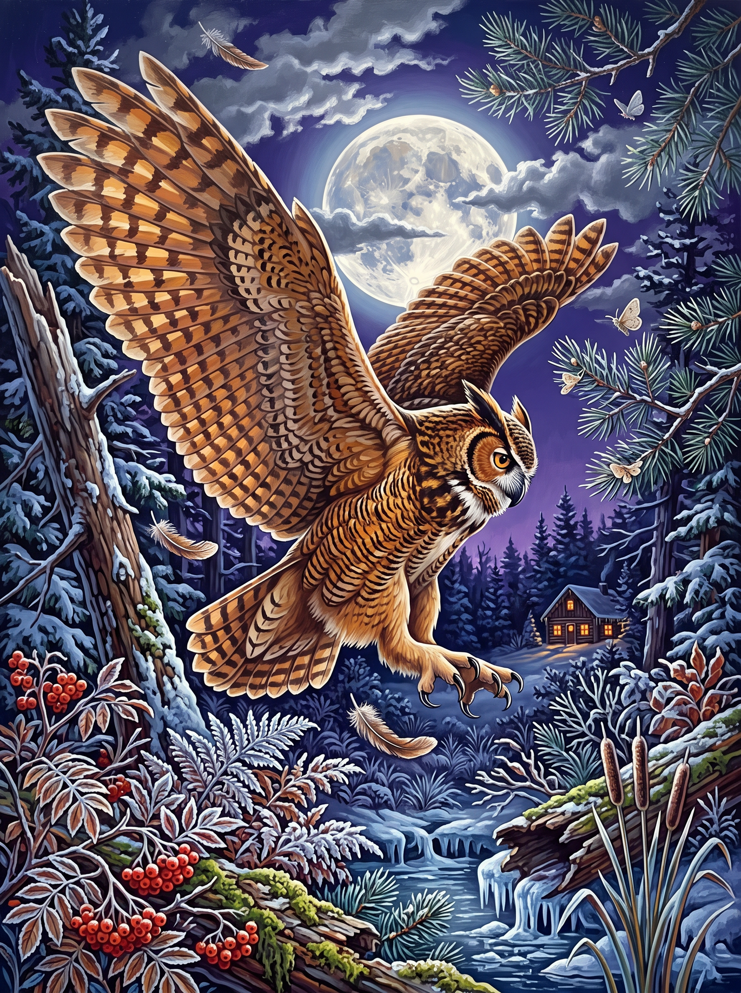 Great Horned Owl, Moon Behind