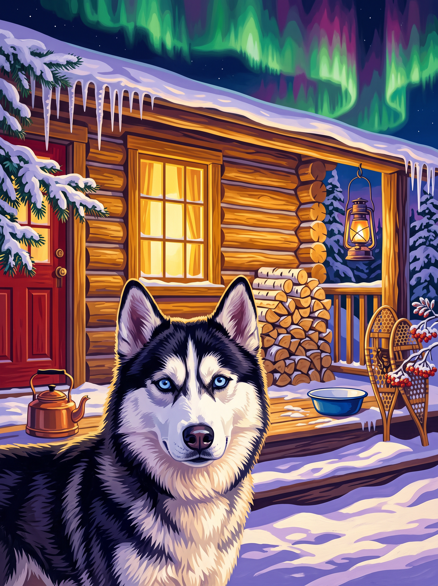Husky Under the Northern Lights