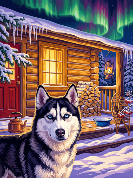 Husky Under the Northern Lights